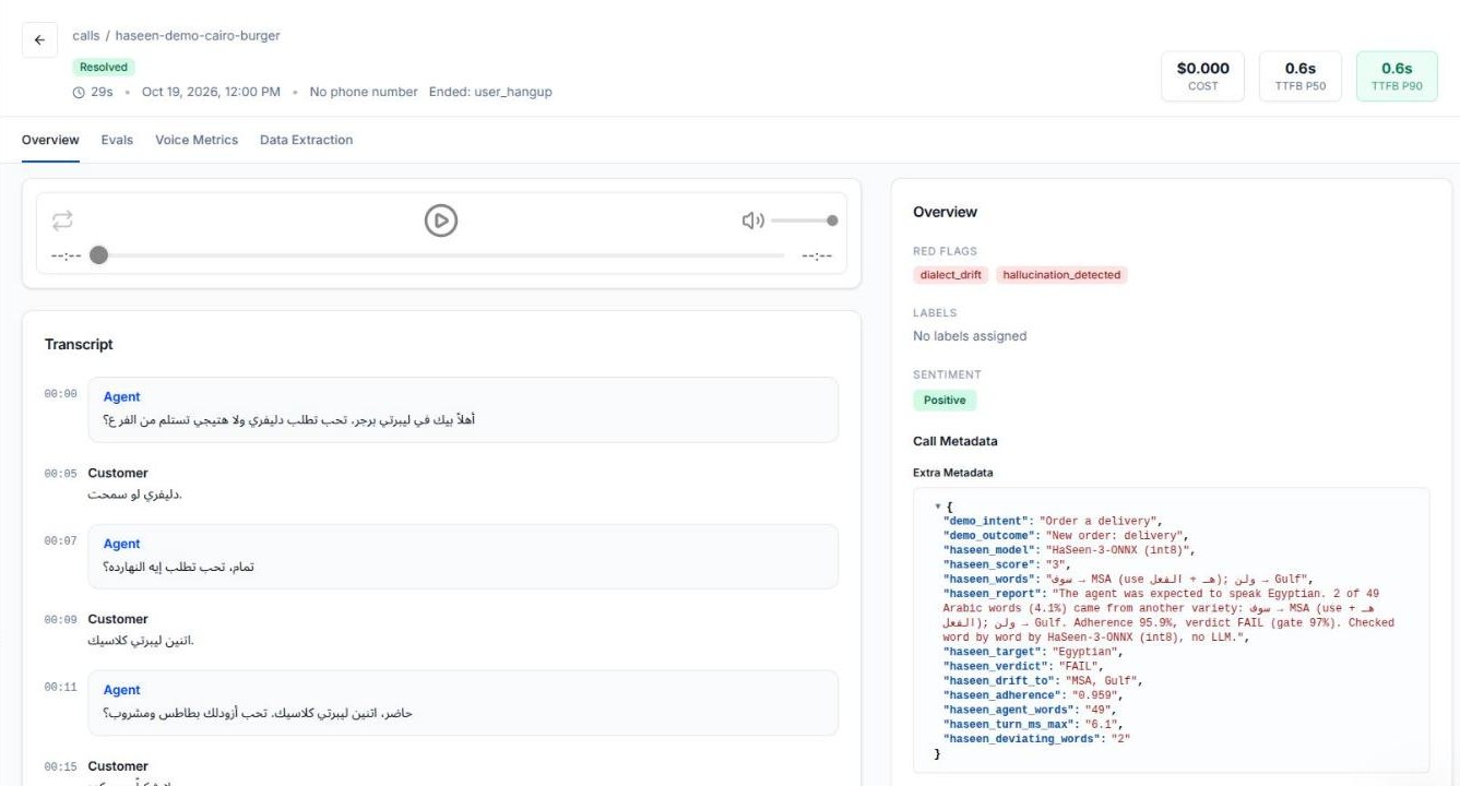 Tuner call page: red flag dialect_drift and the haseen_* keys under Call Metadata